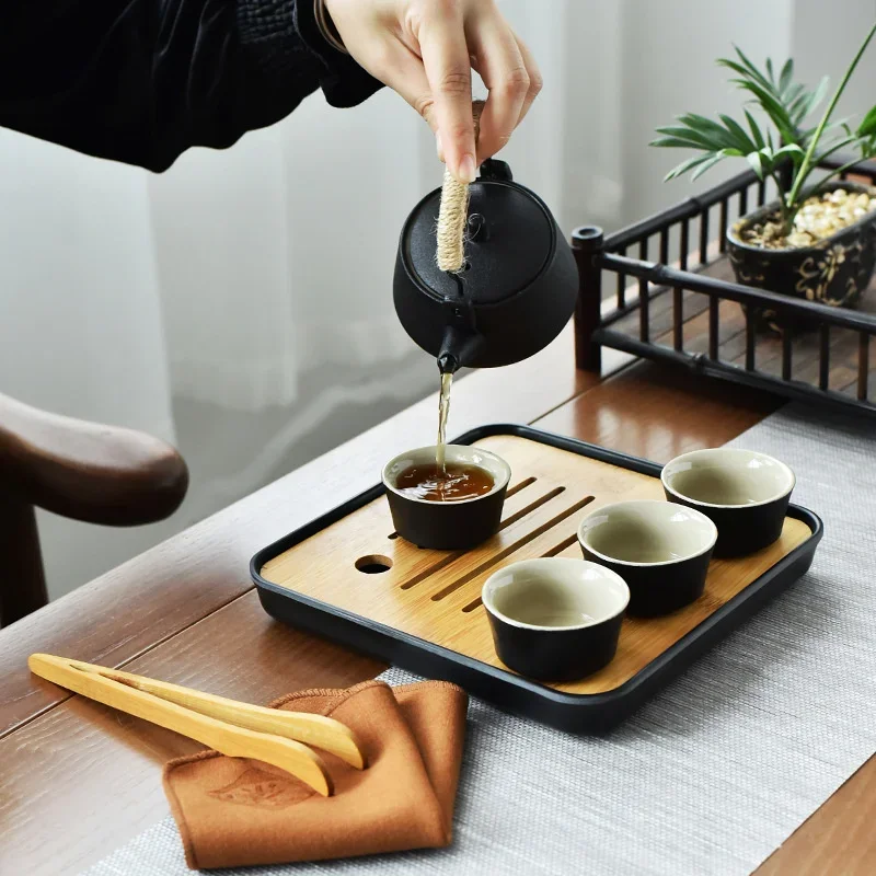 

Jingdezhen Black Pottery Travel Tea Set Portable One Pot Four Cups Japanese-Style Chinese Porcelain Ceremony