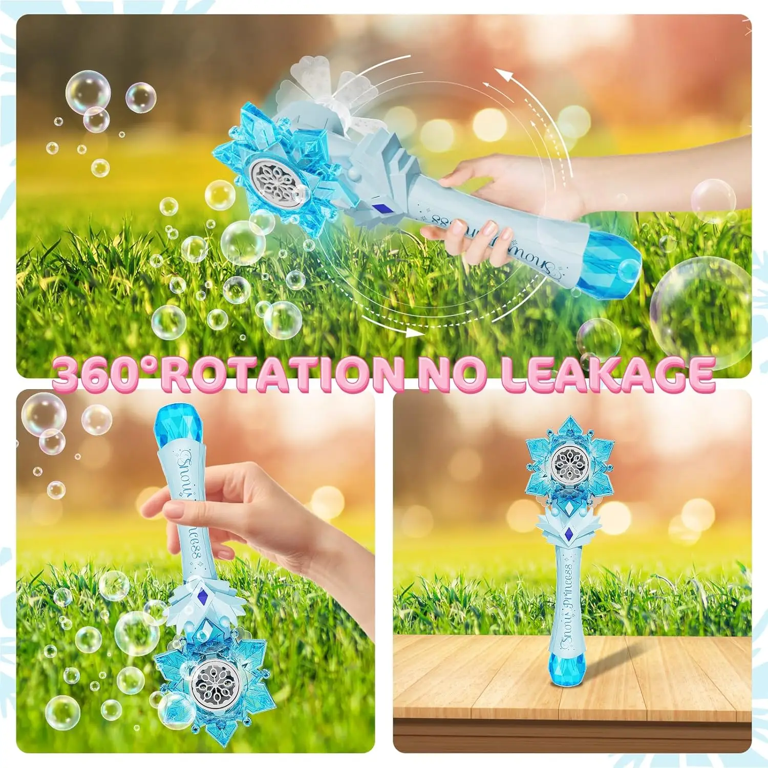 VATOS Bubble Wands X2 for Kids Auto Snowflake Bubble Blower Light & Music Bubble Machine with 2 Windmill Outdoor Toy Girls Boys 6