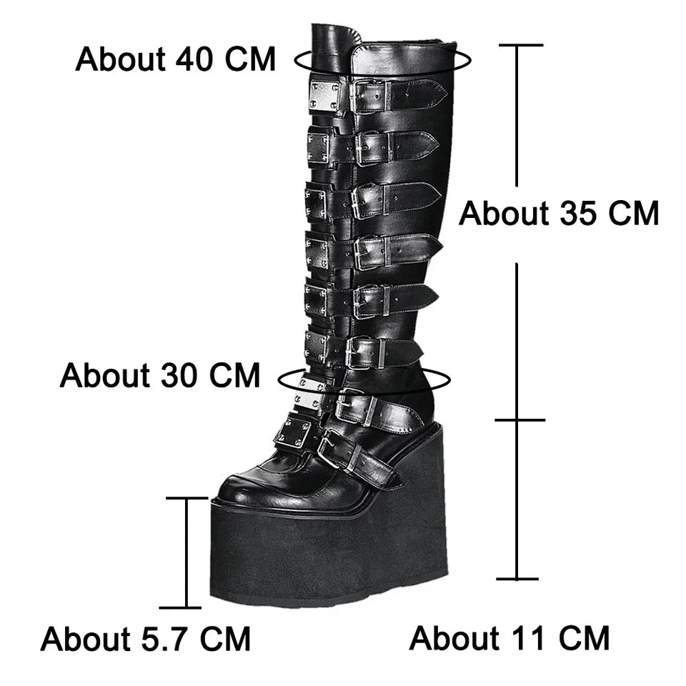 Platform Round-Toe Zip Punk Goth Mid Calf Combat knee 11cm High boots for women Motorcycle Large Size shoes
