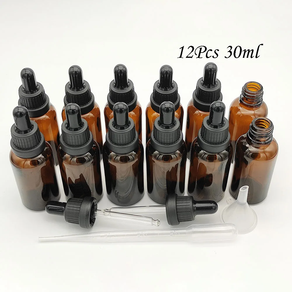 

12 Pack 30ml Amber Glass Bottle With Glass Pipette Empty Dropper Bottle Essential Oil Bottle Jar Sample Containers For Perfume
