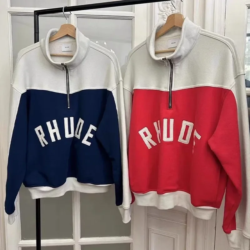 

New 2024fw RHUDE Hoodie Vintage Half Zip Embroidery 1:1 High quality Oversize Retro Slogan Logo Print Rhude Pullovers Men Women