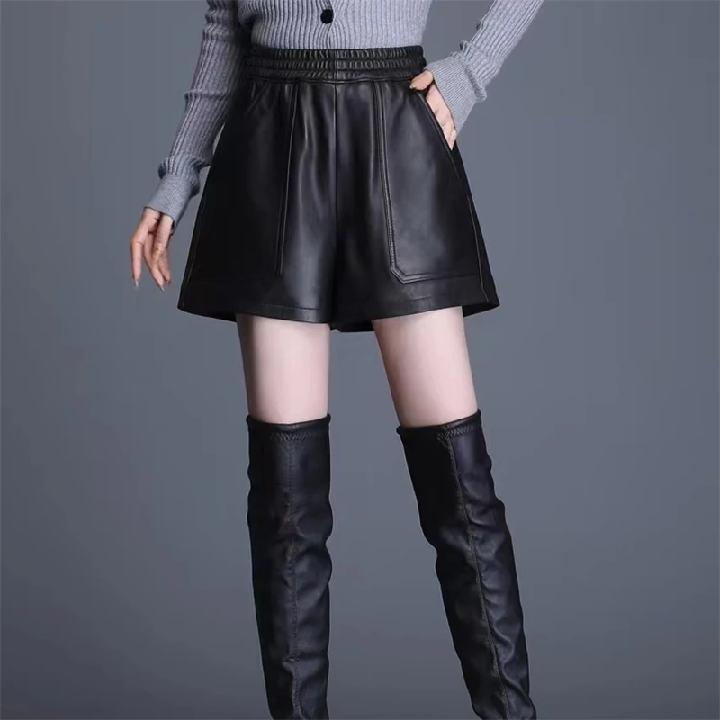Autumn Winter Oversized Streetwear High Waist Zipper Wide Leg Short Pants Trousers Women Fashion Harajuku Y2K PU Leather Shorts