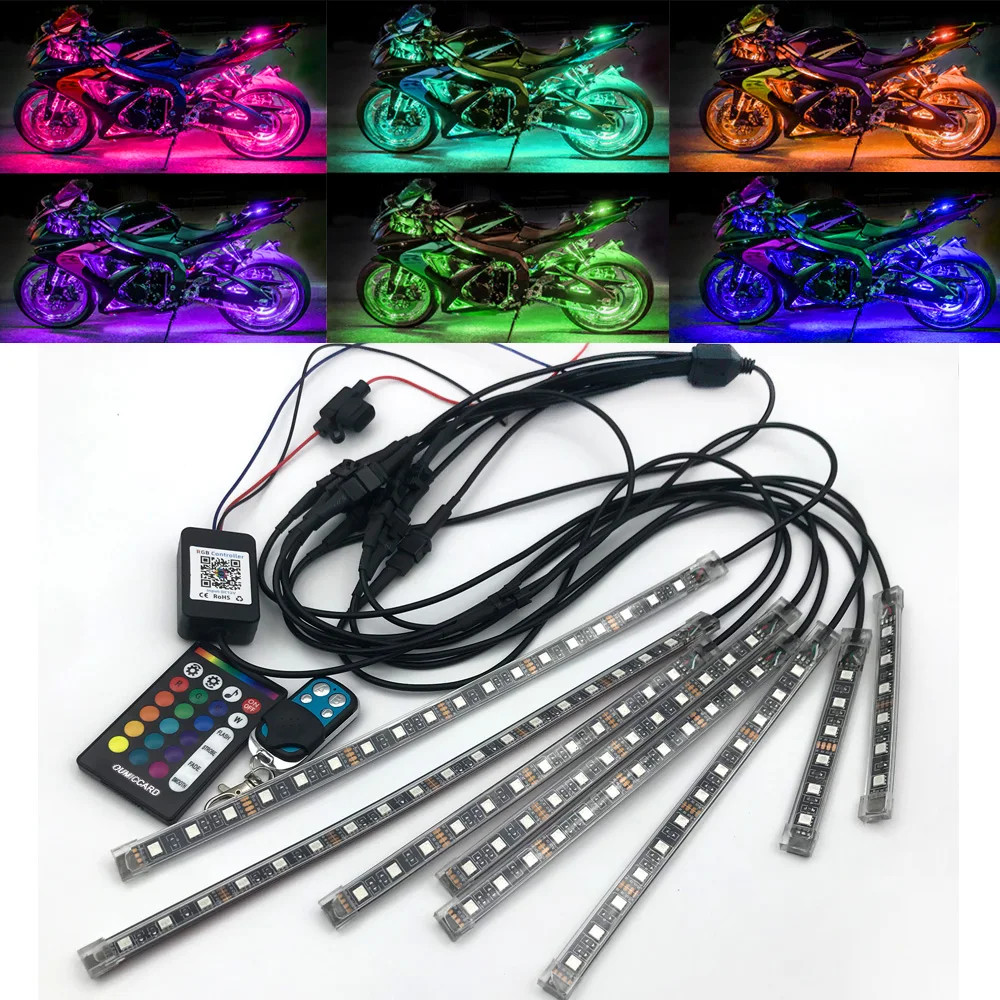 OUMICCARD 8PCS APP Motorcycle LED Light Kit With RGB Multi-color Waterproof LED Light Strip Neon Suitable For HarleyYamaha