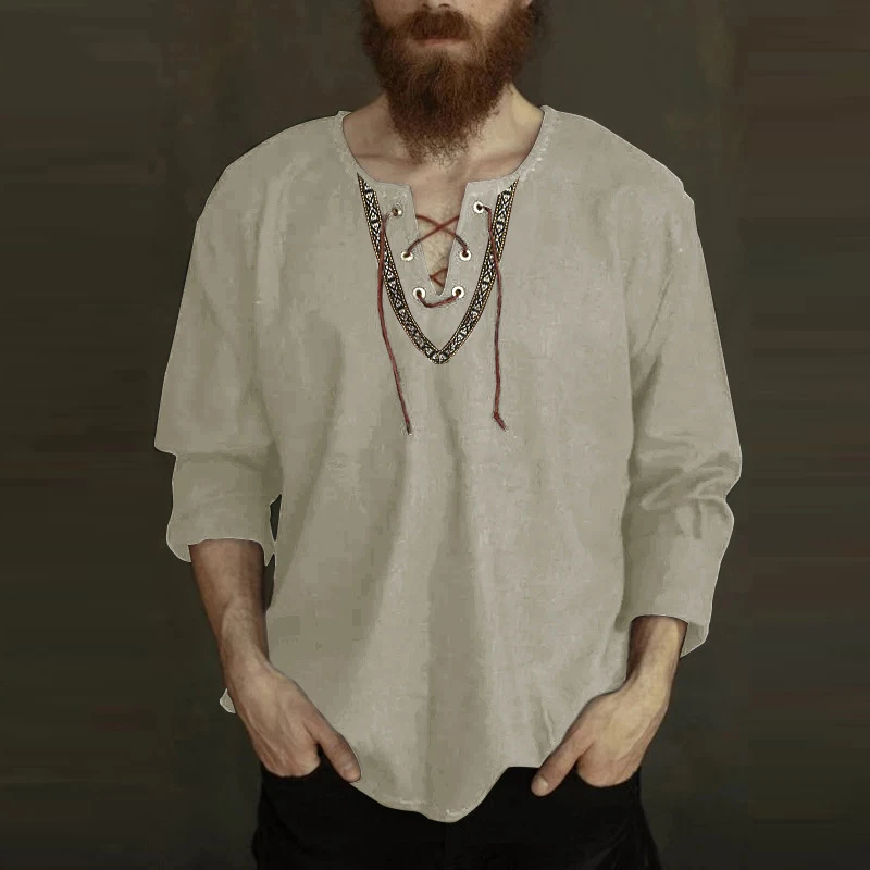 Beokeuioe Camicia da pirata da uomo vichingo Steampunk a maniche lunghe con lacci, stile vintage, retrò, rinascimentale, medievale, gotico, vittoriano, costume di Halloween, da uomo, A vino., S