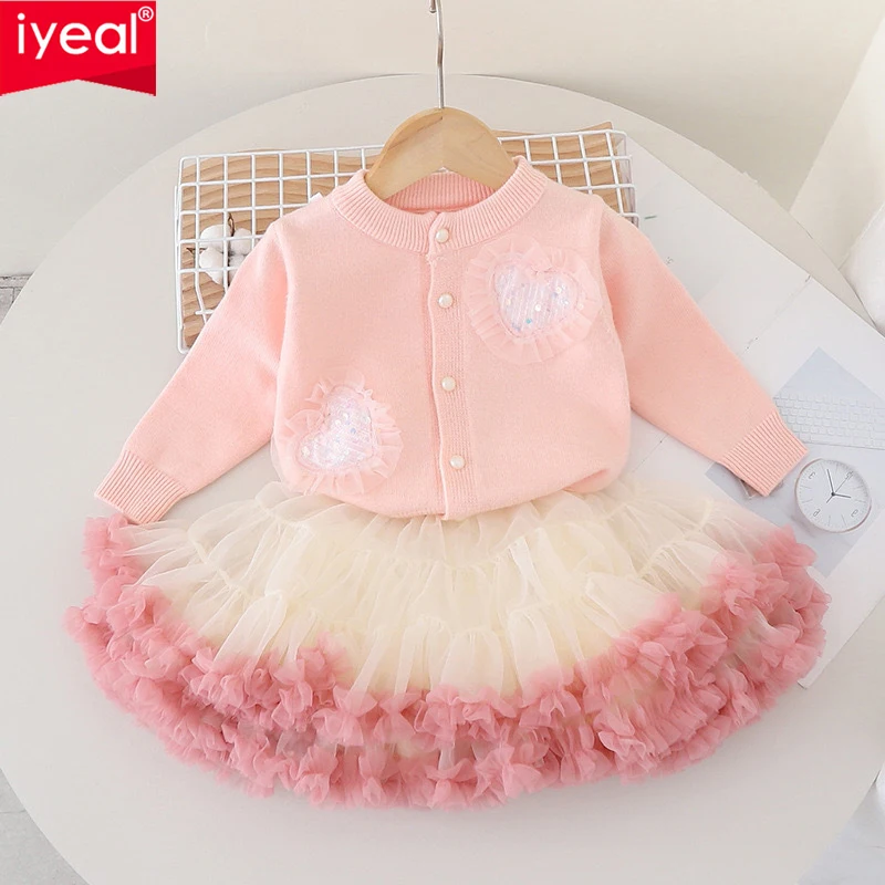 

IYEAL Girls Spring and Autumn Princess Style Sweater Cardigan+Tutu Skirt Set 2024 Spring New Fashionable Girl Baby Knit Set