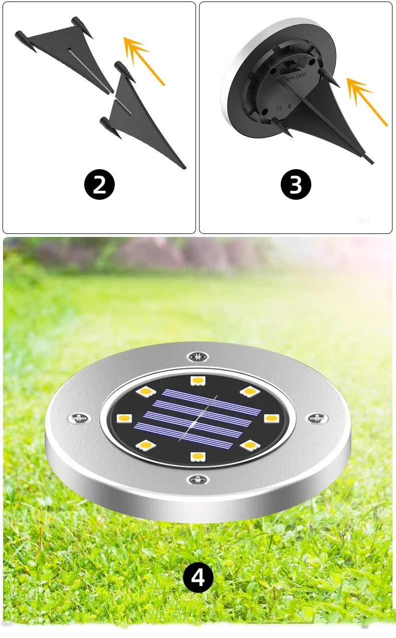 Description Picture 6 of item4PC Solar In-Ground Lights 8 Leds Garden Pathway Lamp Outdoor Waterproof IP65 Stainless Steel Underground Lighting For Garden