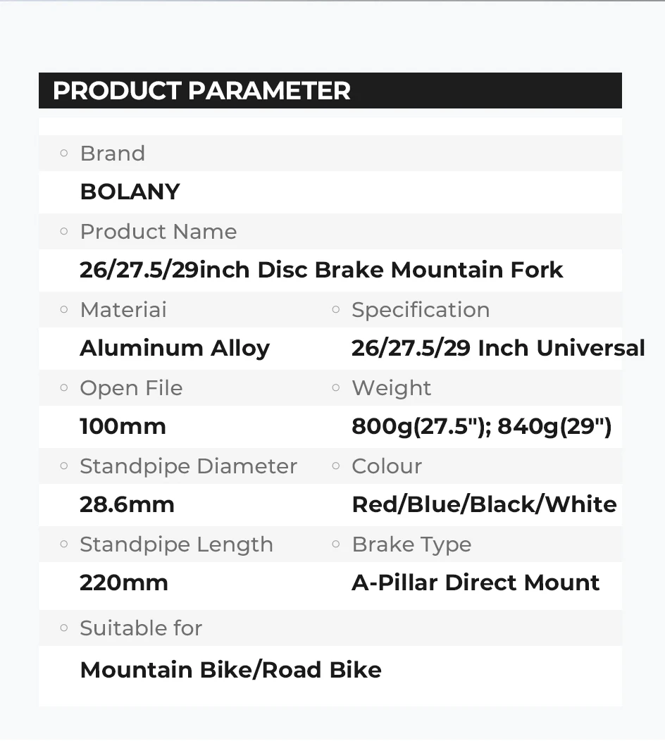 Bolany Fahrrad starre Gabel 26/27,5/29 Zoll Scheibenbremse Berggabel gerades Rohr 28,6 mm matte leichte MTB-Fahrradgabel – Detail 2