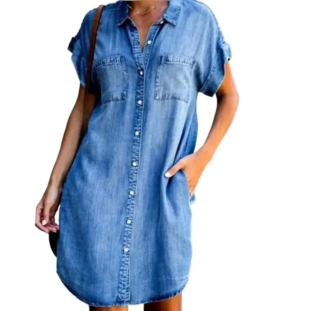 Blue Denim Button Pocket Loose Blouse Dress for Women