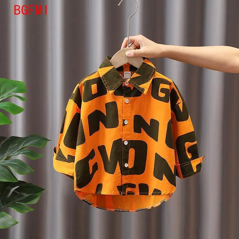2-10Y spring autumn kids boys girl loose cotton shirts 2 colors letter print long sleeve kids turn-down collar button-down tops