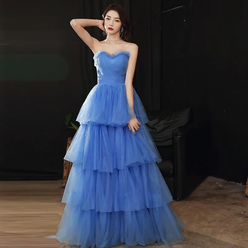 

2023 Fashion Blue Long Evening Dress Sexy Ruffles Strapless Vestidos De Festa New Tiered Simple Vestidos De Fiesta De Noche