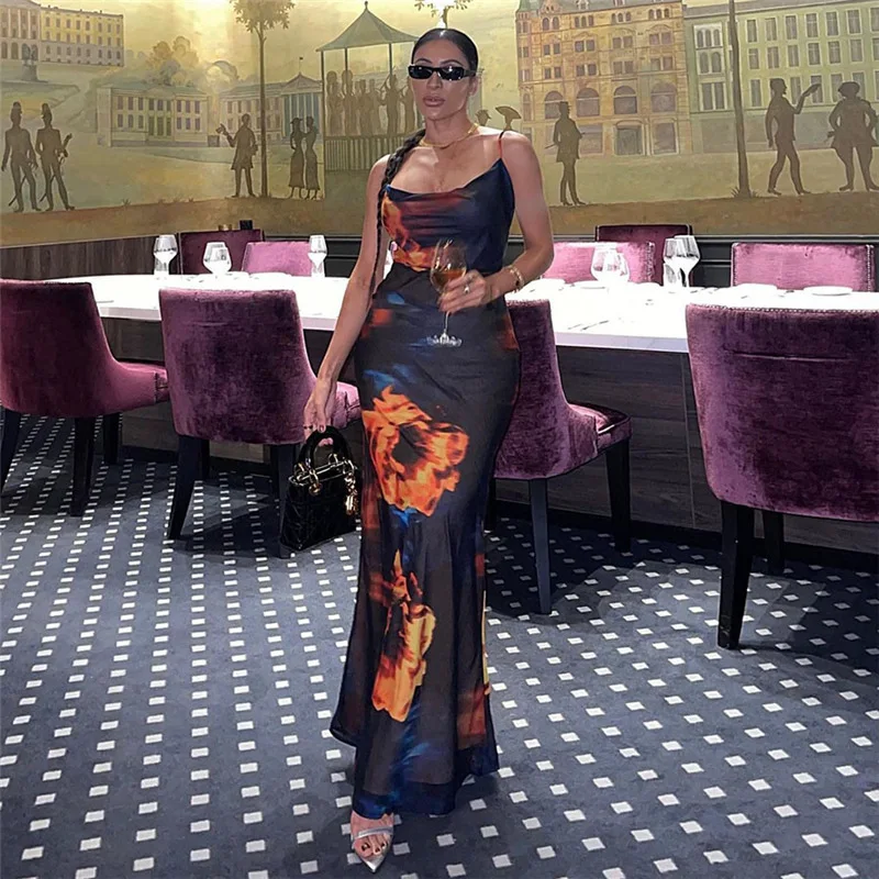 

Summer Sexy Dresses Women Sleeveless Lace Floral Print Backless Slim Ankle-Length Dress Aesthetic Elegant Party Dress