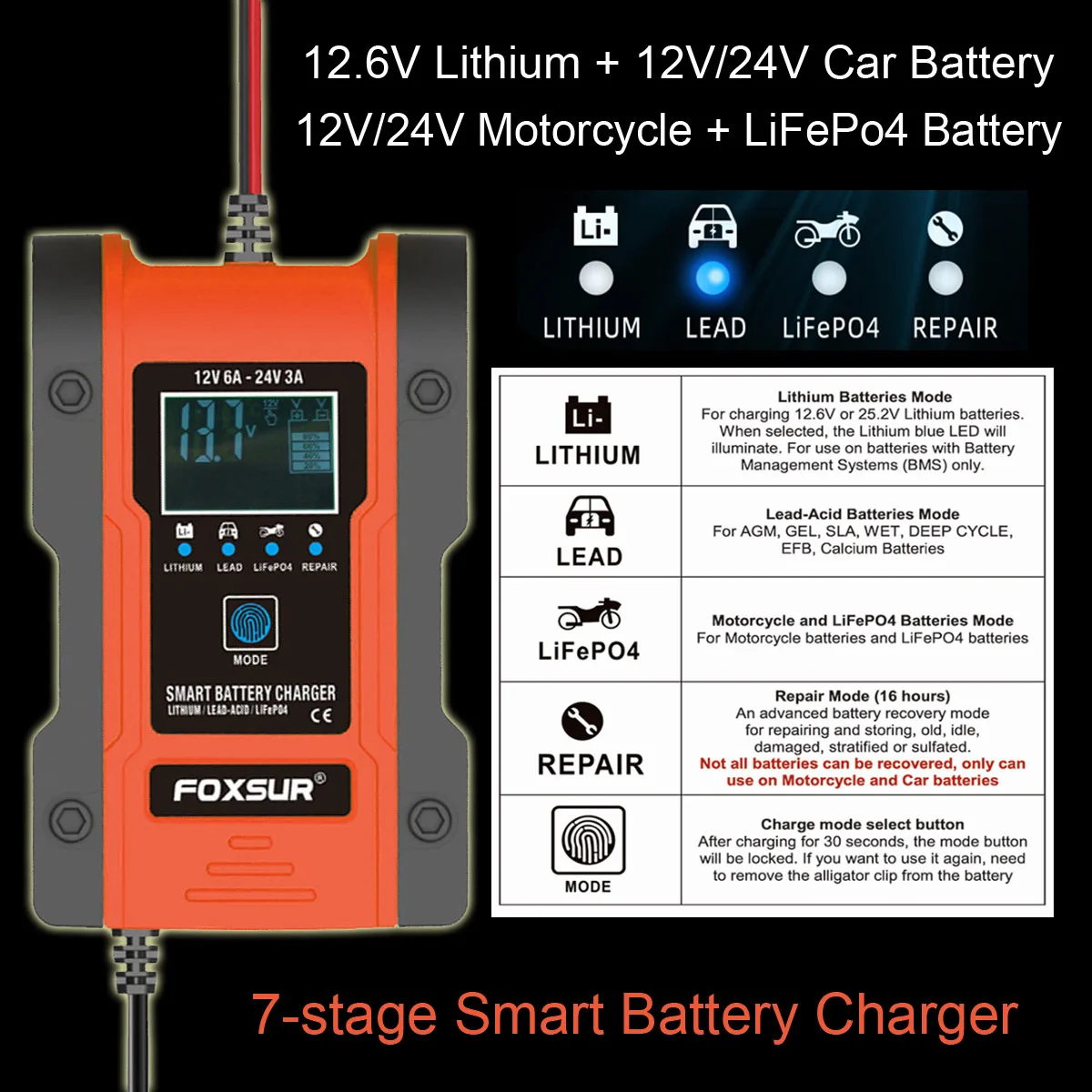 

Car Battery Charger 12V 24V Fully Automatic 6A 7-Stage Charger for Motorcycle Fast Charge GEL WET AGM LiFePO4 Lead-Acid Battery