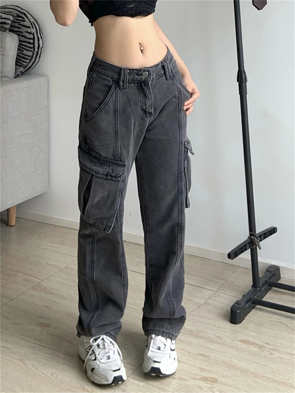 Y2k Cargo para mujer, pantalón Vintage con bolsillos grandes, estilo Hippie, holgado, de chándal color sólido, BF| | - AliExpress