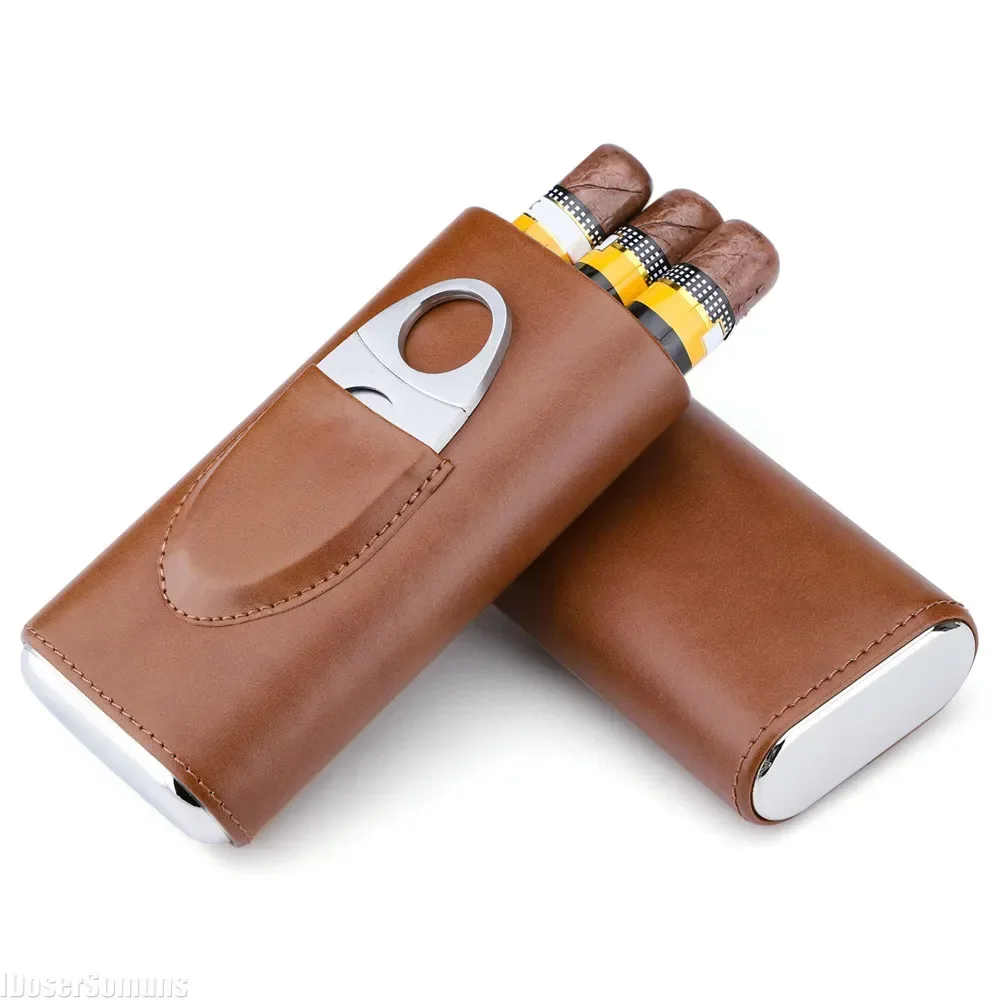 

Three-Finger PU Leather Cigar Case Portable Humidor Holder Box with Silver Cigar Cutter Smoking Accessories for Business Gifts