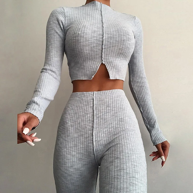 Women Sexy Two Piece Set Jogging Knitted Rib Tracksuit 2023 New Casual O Neck Slit Crop Top + Flare Pants Set Outfits Clubwears