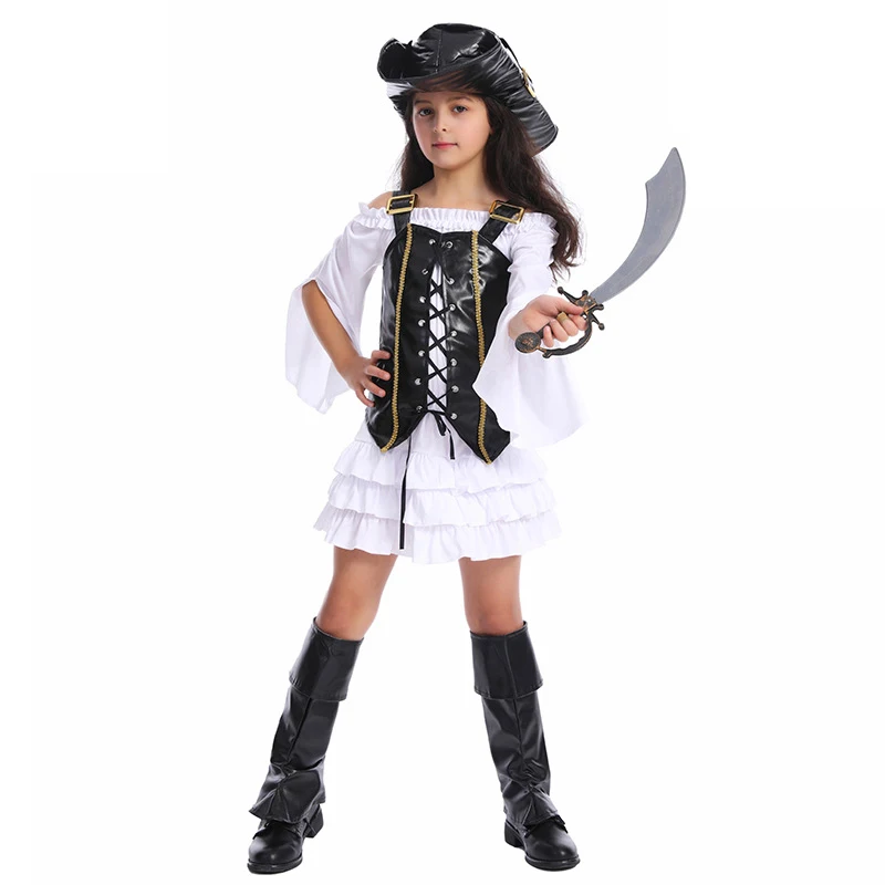 

New White Girl Pirate Dress Cosplay Beauty Pirate Dress Cosplay Kids Pirate Parties Child Birthday With Leather Hat Boot covers