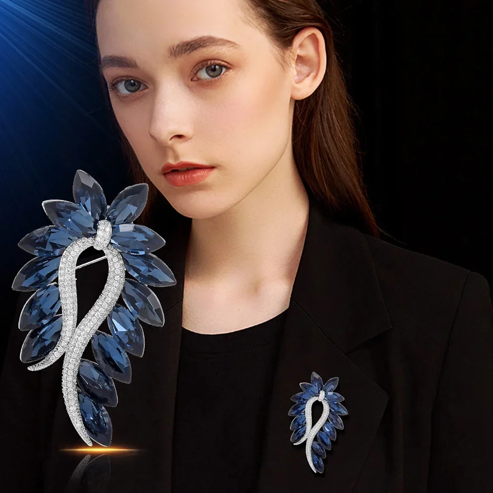 Elegant Crystal Brooch Blue Rhinestone Olives Branch Brooches Pin Collar Jewelry Suit Coat Dress Accessories Gift Corsage