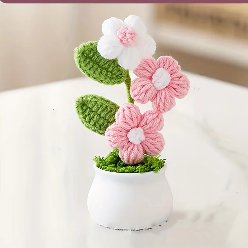 DIY Handwoven Mini Potted Flower Rose Office Desktop Ornamental Potted Plants Woolen Thread Finished Product Home Decoration