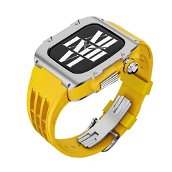 Premium Stainless Steel Case & Rubber Strap Kit for Apple Watch Accessories (Silver-Y)