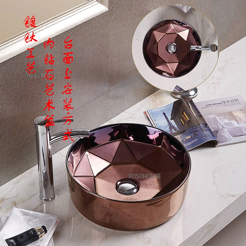 อเมริกันโต๊ะกลมอ่างล้างหน้าห้องน้ํา Rose Gold อ่างล้างหน้าห้องน้ําอ่างล้างมือ Creative Art ห้องน้ําอ่างล้างหน้า Vanity ซักผ้าอ่างล้างหน้า 1