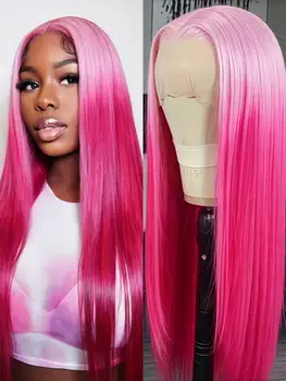 Gradient Pink Straight Lace Front Wig Human Hair 13x4 Transparent Lace Front Wig 180 Density Pre Plucked Glueless Wigs for Women 1