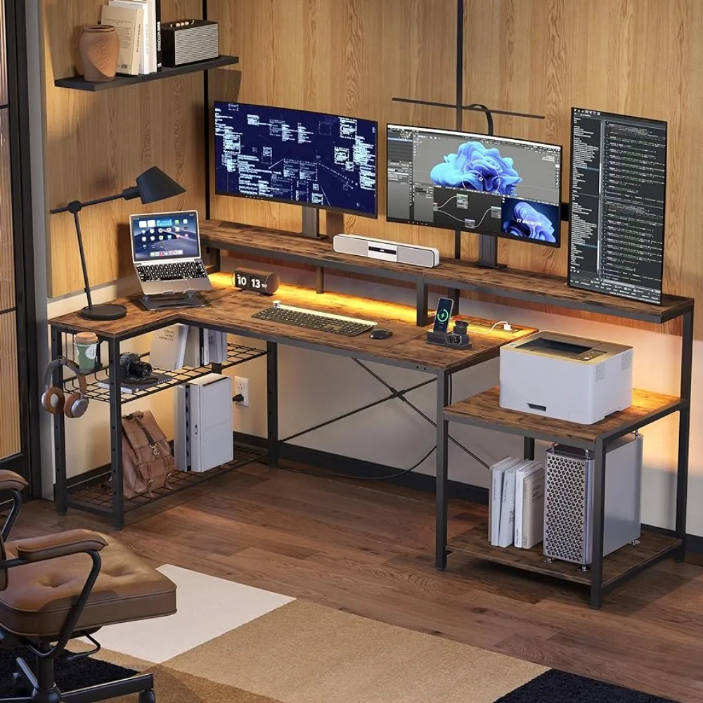 

Large Corner Desk With Storage Shelf Computer Table Modern Simple Table Cup Holder & Headset Hooks Gaming Computer Desks Mesa Pc