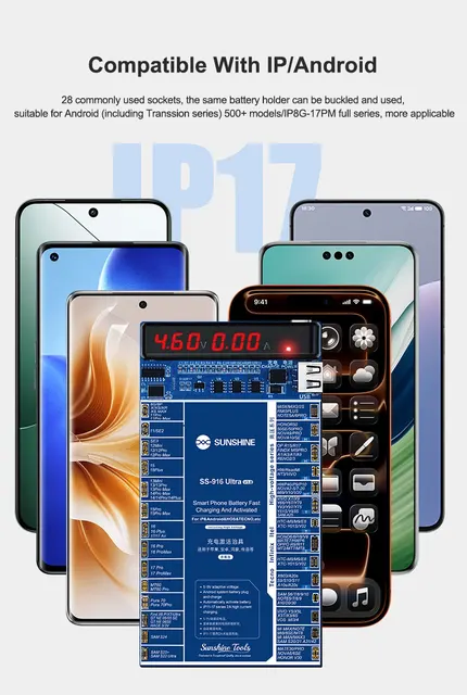 بوردة شحن بطاريات SUNSHINE SS-916 – تدعم أيفون (حتى 16/17 Pro Max) وأندرويد 6