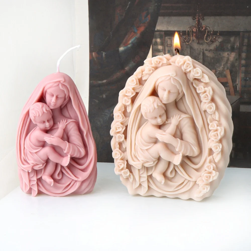 DIY Virgin Mary Holds Baby Jesus Silicone Candle Mold Mother Hug Child Statue Plaster Craft Tool Religious Figurine Decoration