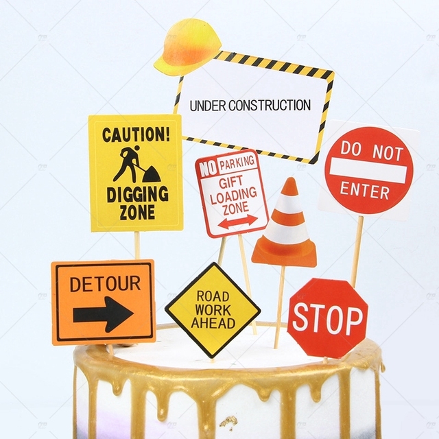 Vehicle Cake Decor Digging Machine Cake Toppers Road Sign Baby Shower Cake Supplies Birthday Party Decorations Kids