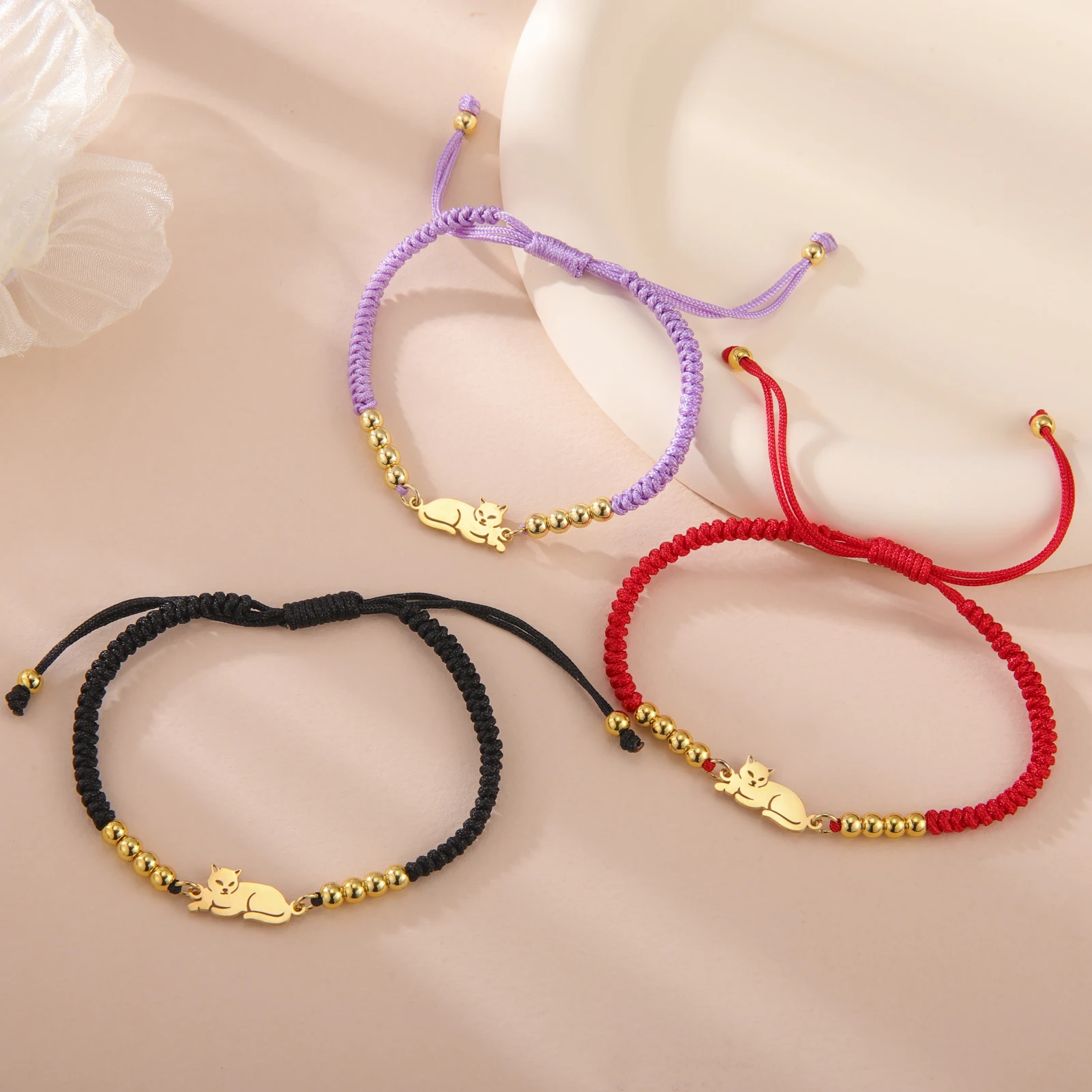 Stainless Steel Gold Color Cat Charm Bracelet for Girls' Braided Rope Bracelets - PeticaDeals