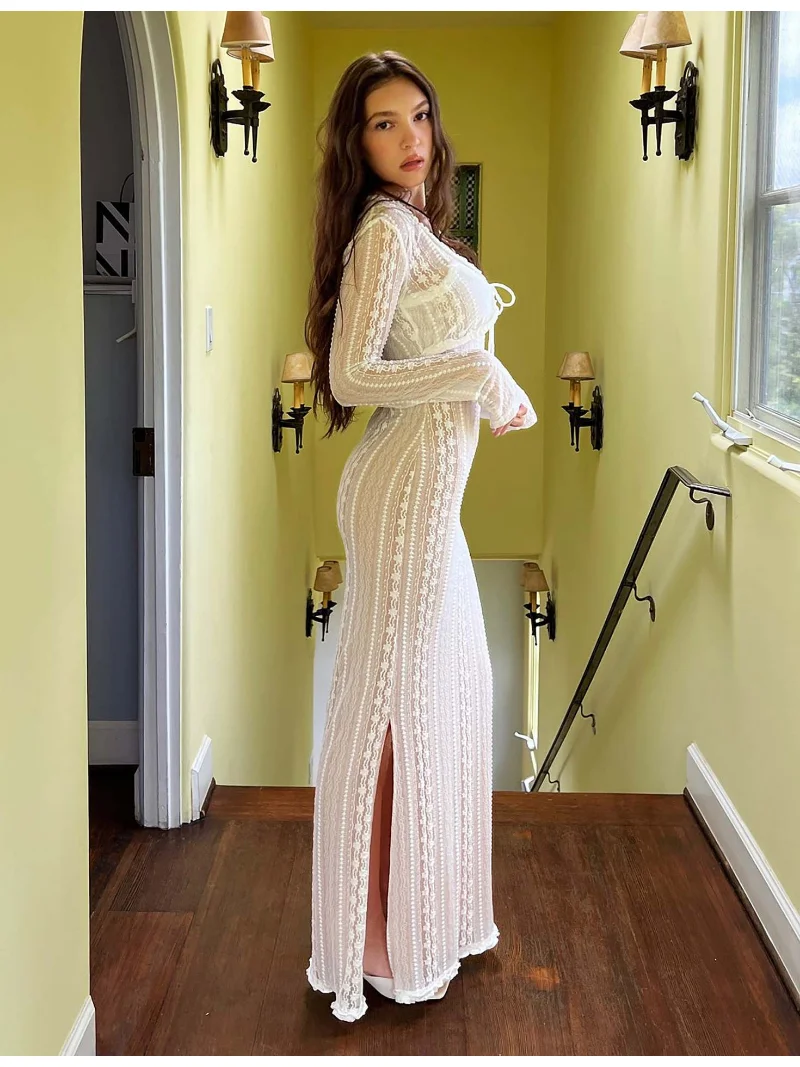 Vestido largo elegante con escote en V y mangas largas para mujer, vestido de fiesta de noche con aberturas, vestido halter de moda de verano 2025