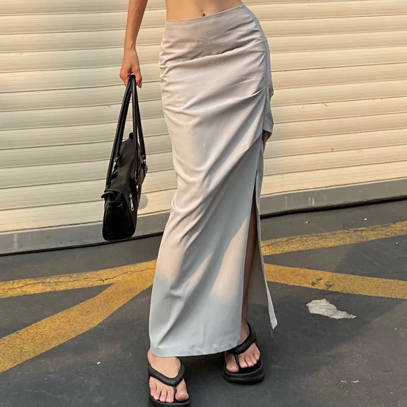 

Harajuku Vintage Hot Girl Low Waist Long Skirts for Women Fashion 2023 Summer Sexy Slim Split A Lline Y2k Grey Skirt Streetwear