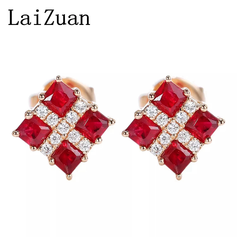 

LaiZuan Solid 18K Rose Gold Cross Shape Sapphire/Ruby/Emerald Stud Earrings Real Diamonds Women's Antique Anniversary Party