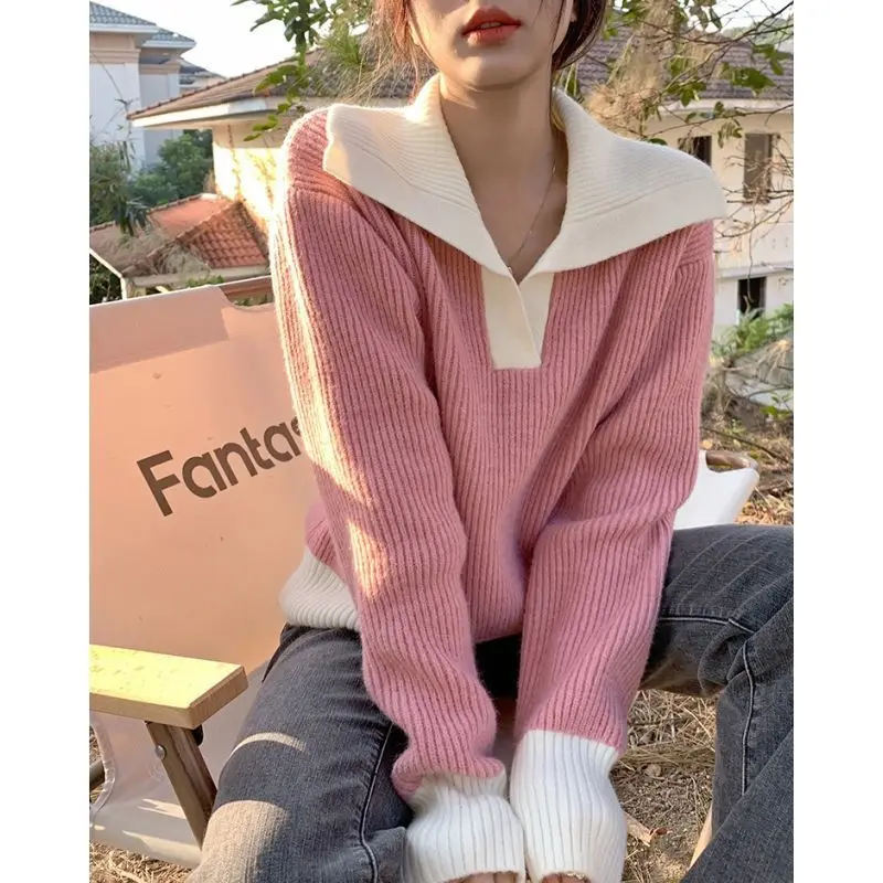 Contrast Color Texture Advanced Lapel Sweater Korean Style