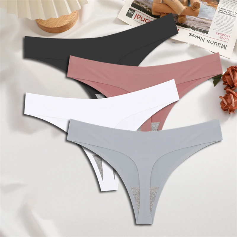 thumbnail image 1 of FINETOO-ropa interior de satén de seda sin costuras para mujer, tangas de cintura baja, Bikini Sexy de Color sólido, lencería íntima elástica, 4 piezas, 1 of 5