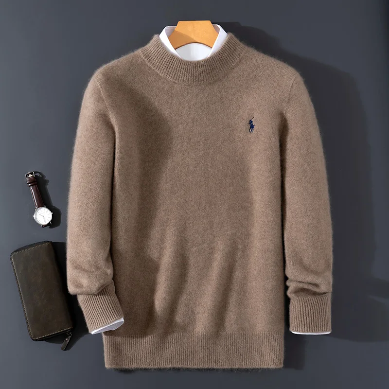 New autumn/winter men's round neck sweater casual knit pullover embroidered Jumper loose 100% Merino wool Tops basic versatile 3