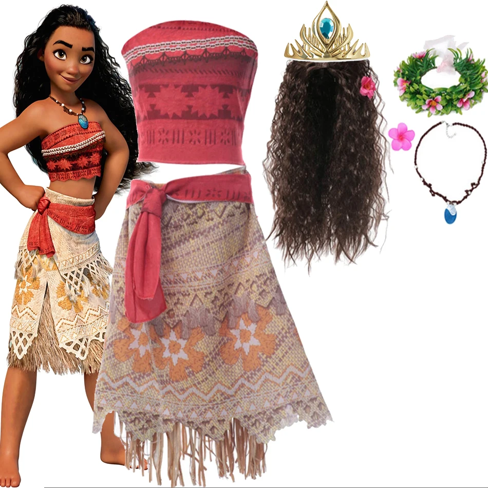 Disfraz De Princesa Vaiana Para Niña – Set De 7 Piezas Con Vestido, Corona De Flores, Collar, Bolsa Y Accesorios Para El Pelo, Ideal Para Carnaval Y Cosplay