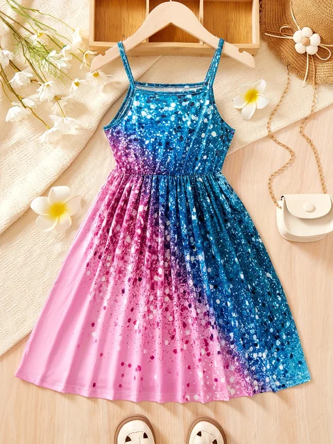 Vêtements pour enfants Robe imprimée étincelante pour filles, robe à bretelles à la mode adaptée aux filles âgés de 1 à 8 ans, robe à bretelles éblouissante 1