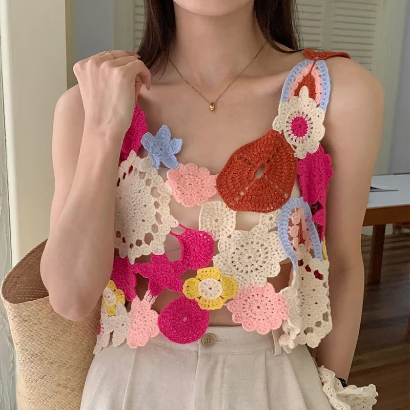 Women's Colorful Flower Crochet Knit Tank Top - Bohemian Summer Collection