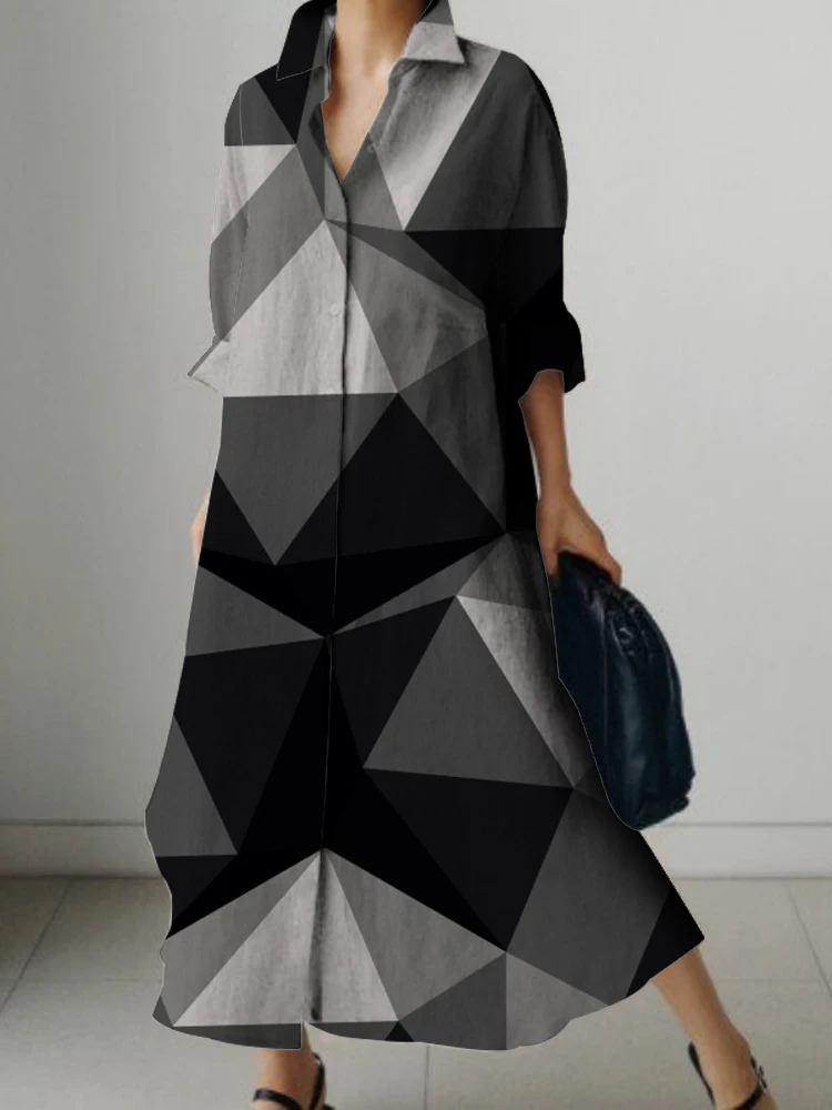All-Over Print Women's Lapel Shirt Dress With Long Sleeve