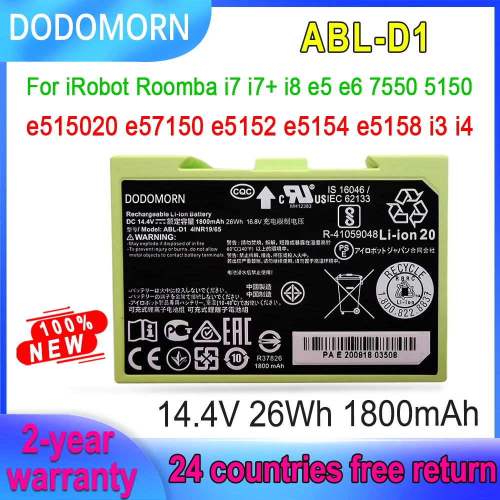 

DODOMORN 1800mAh ABL-D1 Battery For iRobot Roomba i7 i7+ i8 e5 e6 7150 7550 i7550 e5150 e5152 e5154 e5158 i3 i4 Vacuum Cleaner