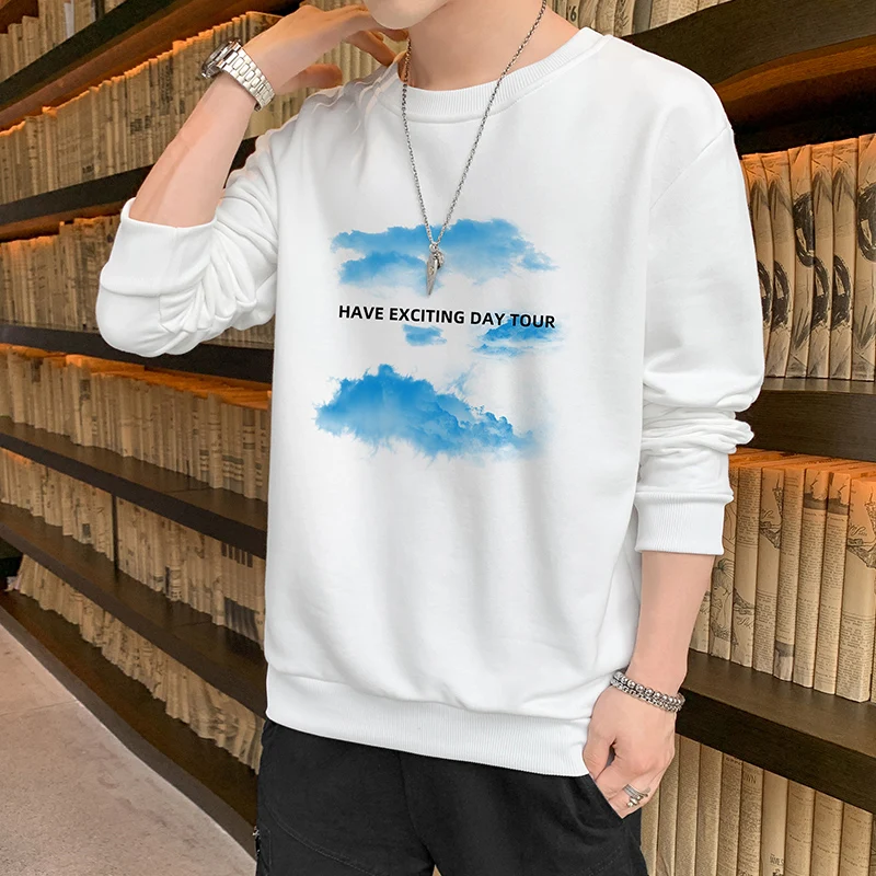 2024 Men's Autumn Round Neck Printed Long Sleeved T-shirt Spring Loose Commuter Casual Versatile Comfortable Pullover Sweater
