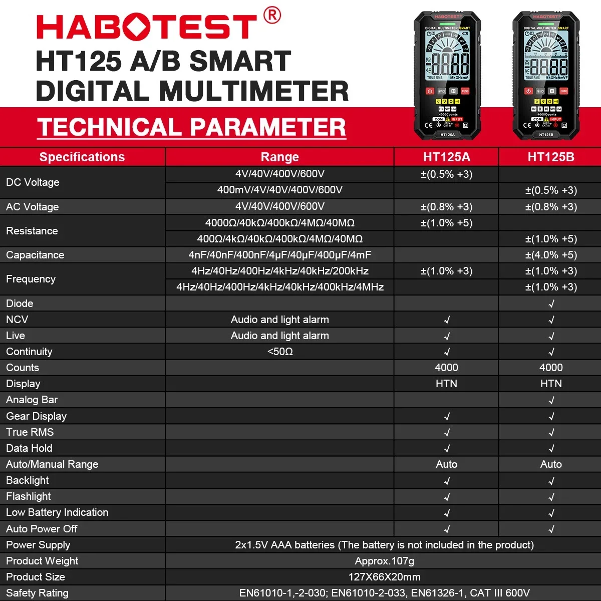 HABOTEST HT125 Smart Digital Multimeter Multimetro Digital DC AC Voltage Ohm Diode Capacitance NCV Hz Live Wire Tester
