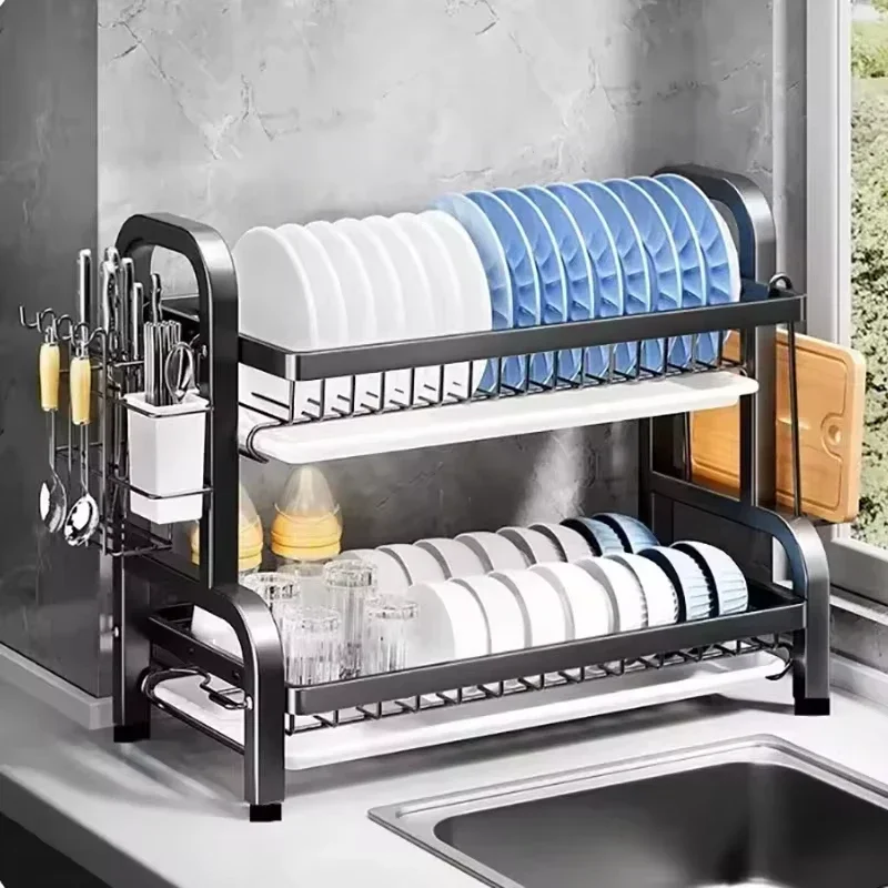 Dish Drying Rack 3-Tier Compact Kitchen Dish Rack Drainboard Set Large Rust-Proof Dish Drainer with Utensil Holder Kitchen Racks 4