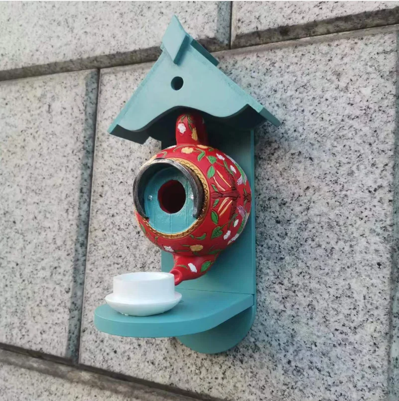 찻주전자 새집 및 먹이통 홈 장식 레진 찻주전자 새 먹이통 야외 벽걸이형 새 먹이통 정원 홈 데코
