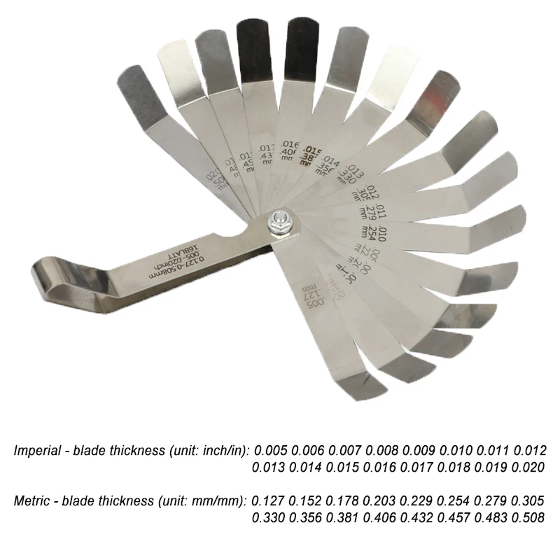 16-Klingen-Fühlerlehre 0,05-1,0mm 0,127-0,508mm Gebogenes Ventil-Offset-Messwerkzeug Edelstahl-Dickenmessgerät – Detail 9