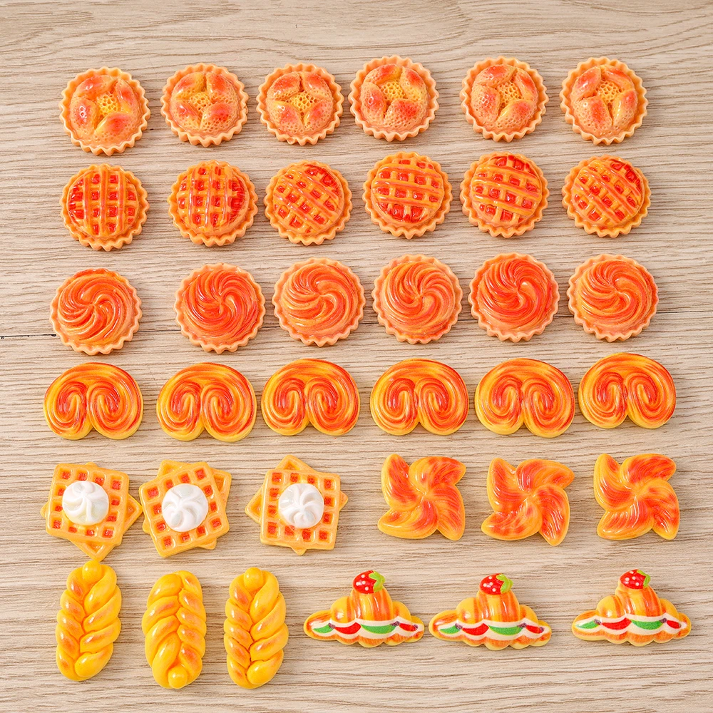 Tusember 15pcs 귀여운 시뮬레이션 음식 매력 수지 빵 케이크 파이 와플 플랫 백 카보 숑 어린이 장난감 DIY 네일 아트 공예
