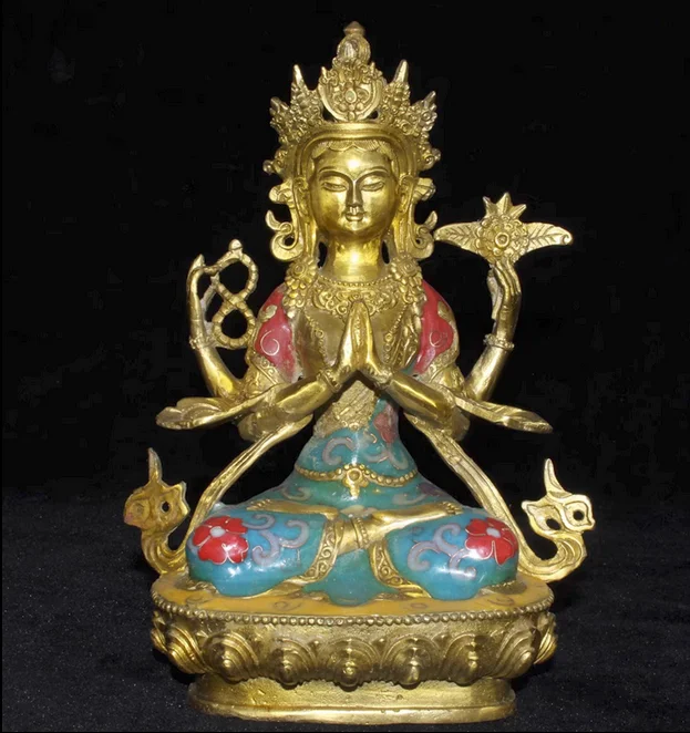 

Чистая медь, непальская Avalokitesvara с четырьмя руками, филигранная эмаль, для гостиной, офиса, ремесленное украшение