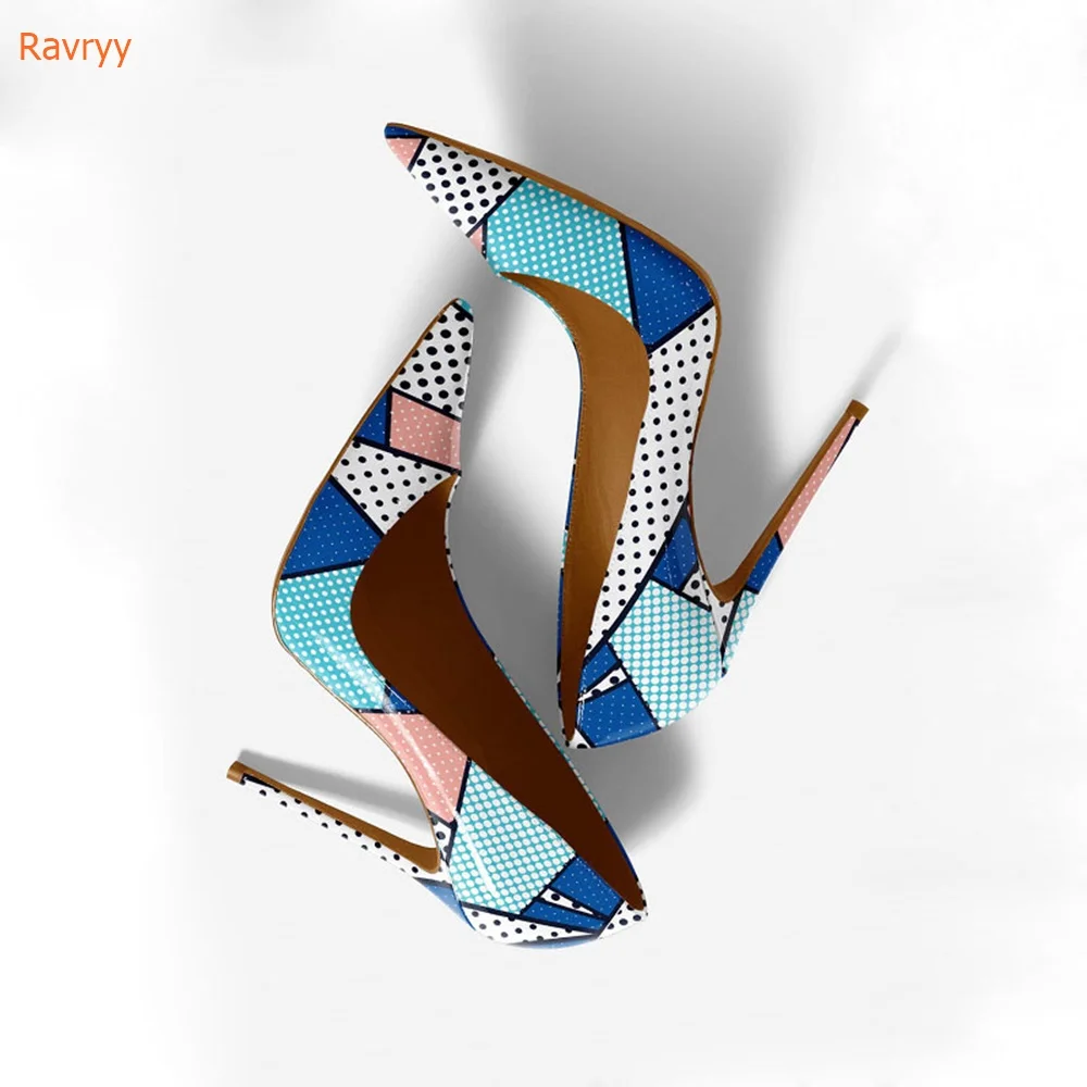 

Thin Heels Pointed Toe Shoes Mixed Colors TOTEN Prints Patent Leather Women Shoes Slip On Pumps Shallow Party Fashion Shoes