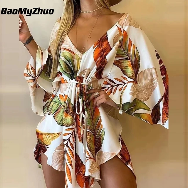 2022 New Summer Beach Elegant Women Dresses Sexy V Neck Lace-up Floral Print Mini Dress Casual Flared Sleeves Ladies Party Dress